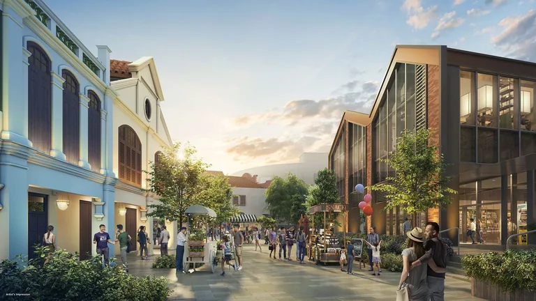 Union Square Residences, artist’s impression: street-level view of the conserved shophouses and new retail buildings around the Union Square plaza at sunset, with a food cart and shoppers