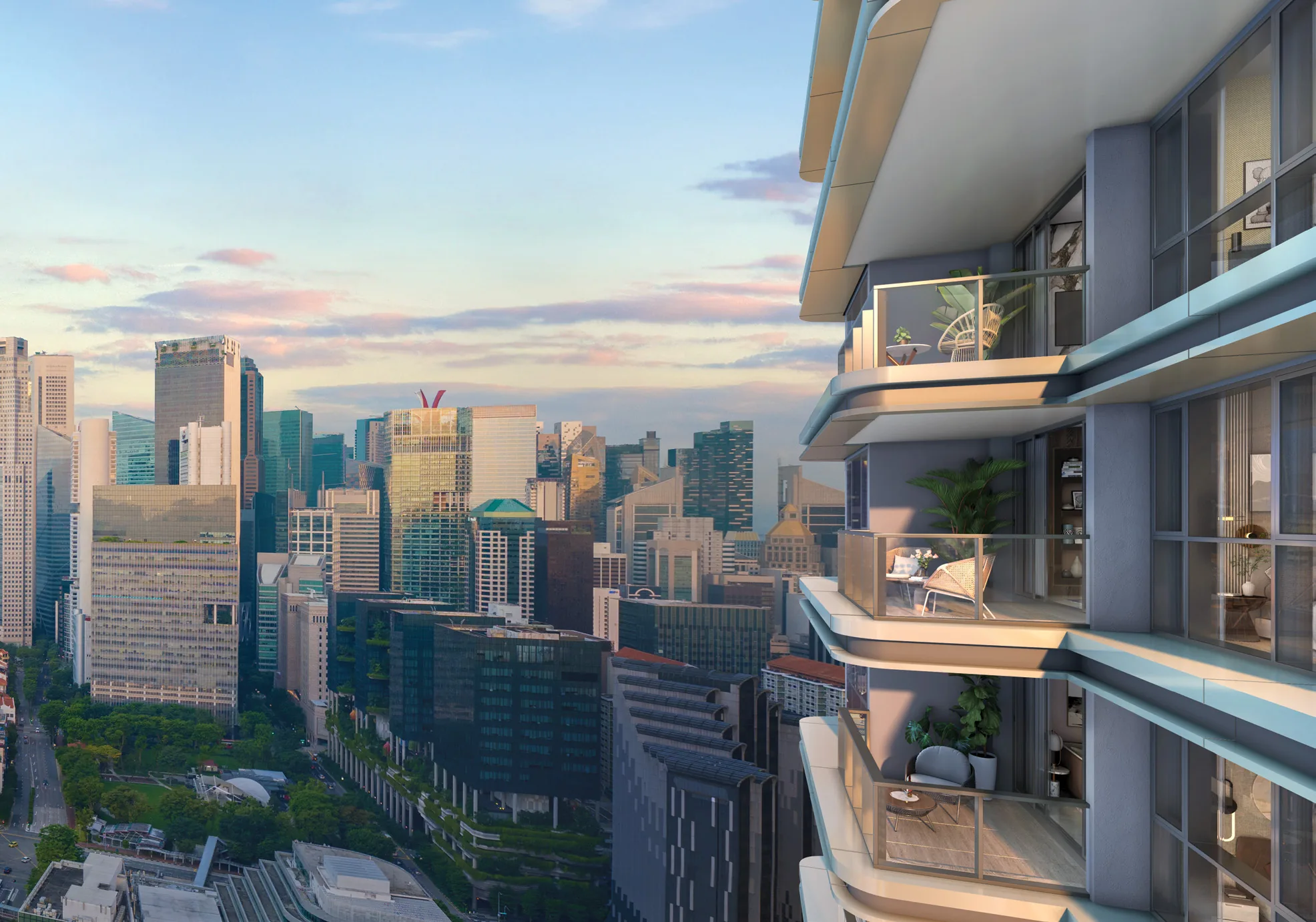 Union Square Residences, artist’s impression: balconies of the residential tower looking over the Raffles Place skyline