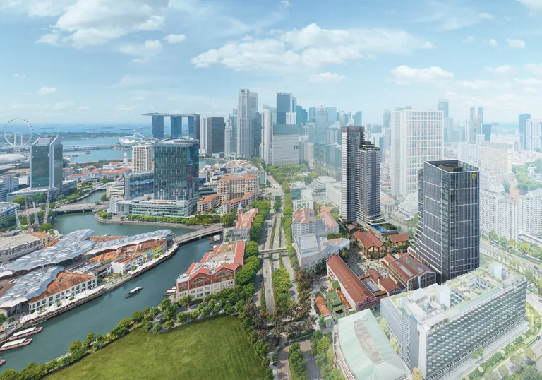 Union Square Residences, artist’s impression: daytime aerial view looking east over Clarke Quay, the Singapore River and Hong Lim towards the CBD and Marina Bay, with the Union Square office tower and the 40-storey residential tower