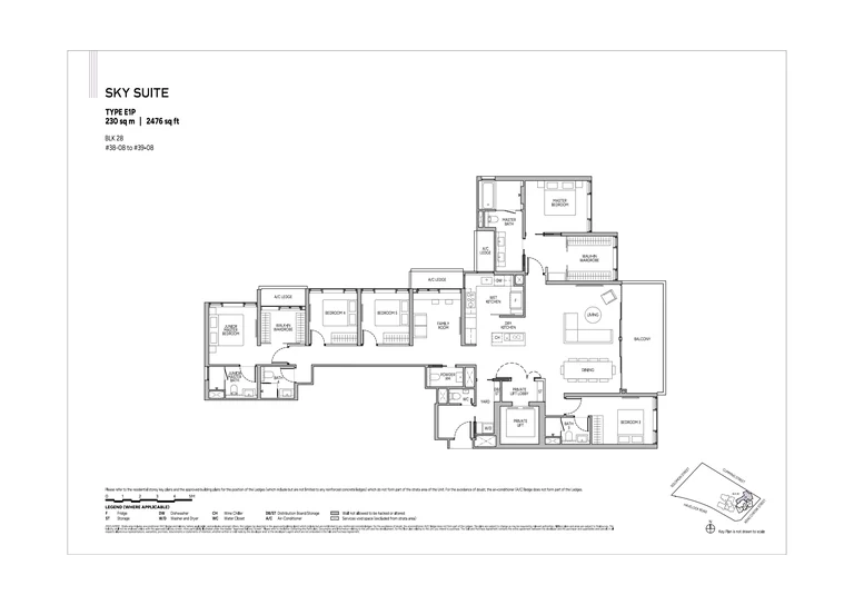Union Square Residences plan, for illustration only: sky suite floor plan, type E1P, 230 sq m (2,476 sq ft), with the key plan and legend