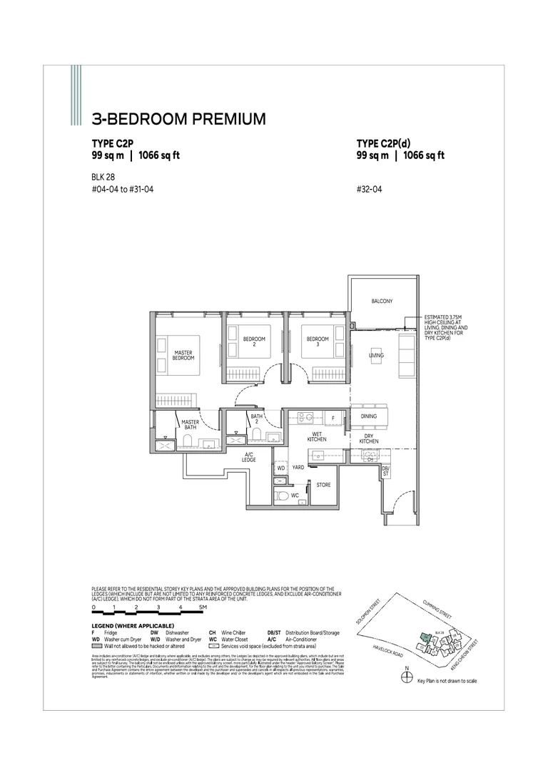 Union Square Residences plan, for illustration only: 3-bedroom premium floor plan, type C2P / C2P(d), 99 sq m (1,066 sq ft), with the key plan and legend