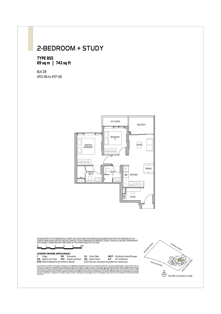 Union Square Residences plan, for illustration only: 2-bedroom + study floor plan, type B5S, 69 sq m (743 sq ft), with the key plan and legend