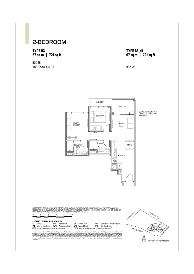 Union Square Residences plan, for illustration only: 2-bedroom floor plan, type B3 / B3(d), 67 sq m (721 sq ft), with the key plan and legend