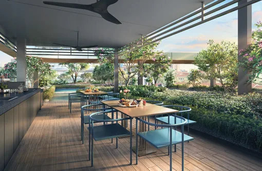 Union Square Residences, artist’s impression: the Gourmet Pavilion on level 3, with barbecue counters and dining tables under a timber roof