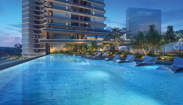 Union Square Residences, artist’s impression: the 30-metre lap pool and semi-sunken loungers on the level 3 Social Vista deck