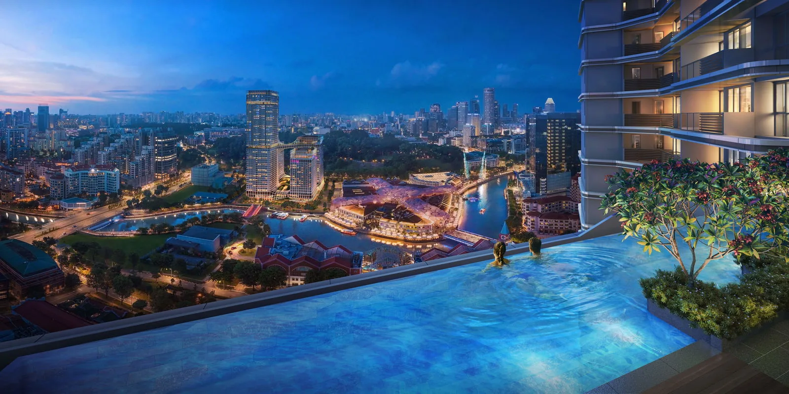 Union Square Residences, artist’s impression: level 34 sky pool at dusk overlooking Clarke Quay, the Singapore River and the city lights