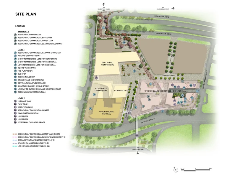 Union Square Residences plan, for illustration only: level 1 site plan of the Union Square development, showing Union Square Central, the co-living and commercial blocks, the residential tower, Merchant Road, Havelock Road and Upper Cross Street, with a numbered legend