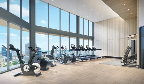 Union Square Residences, artist’s impression: the Sky Gym on level 34 with floor-to-ceiling windows towards Pearl's Hill and Chinatown