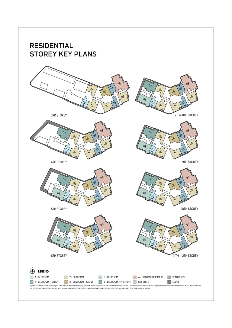 Union Square Residences plan, for illustration only: residential storey key plans for the 3rd to 12th storeys, colour-coded by unit type